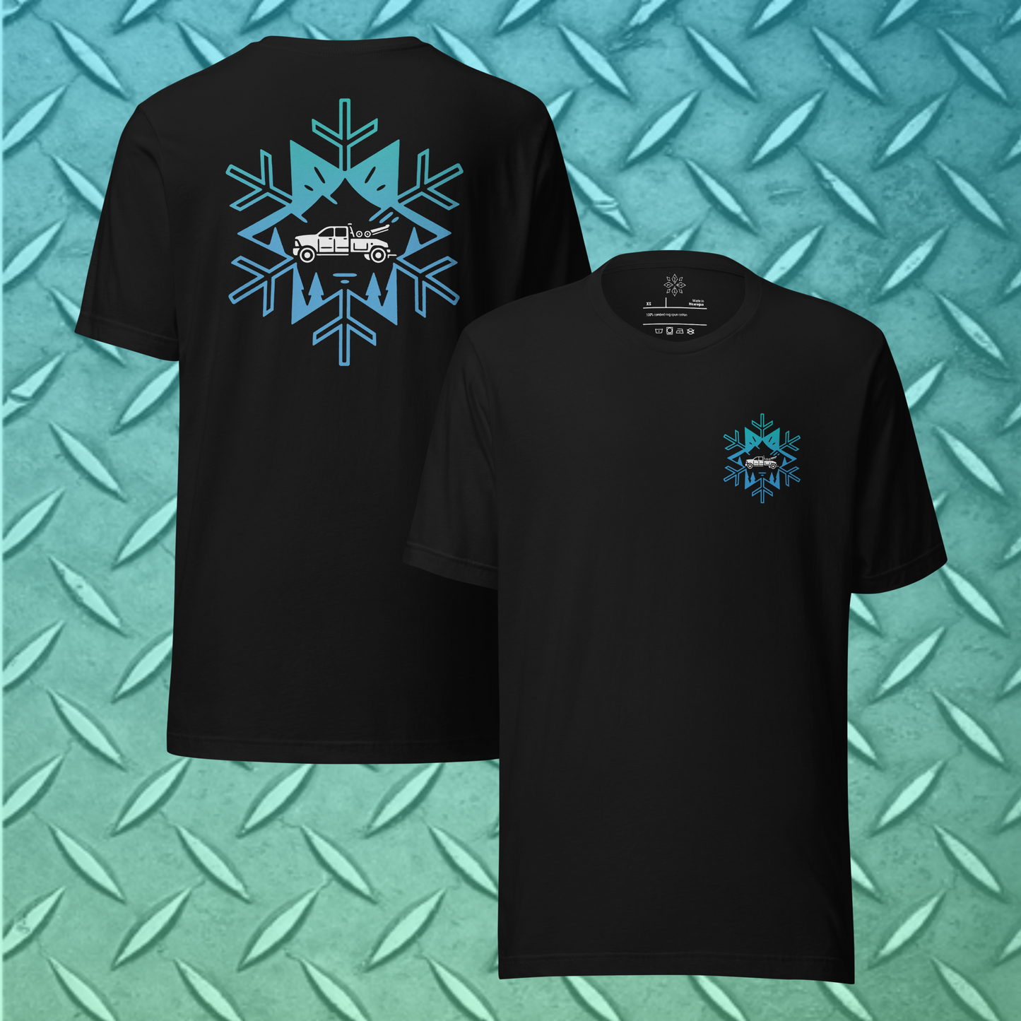 White wheel lift silhouette inside a gradient blue snowflake